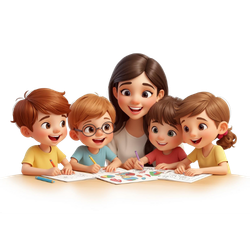 children and mom with coloring books