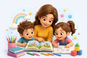 a mother with two children doing creative activities — reading and coloring