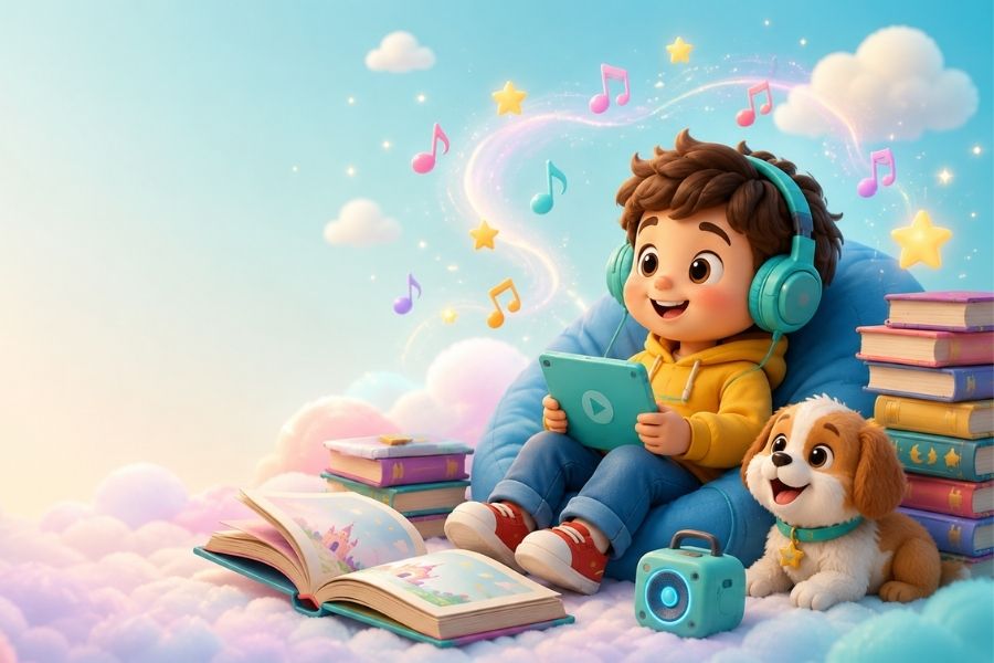 young boy wearing headset with puppy surrounded by colorful books