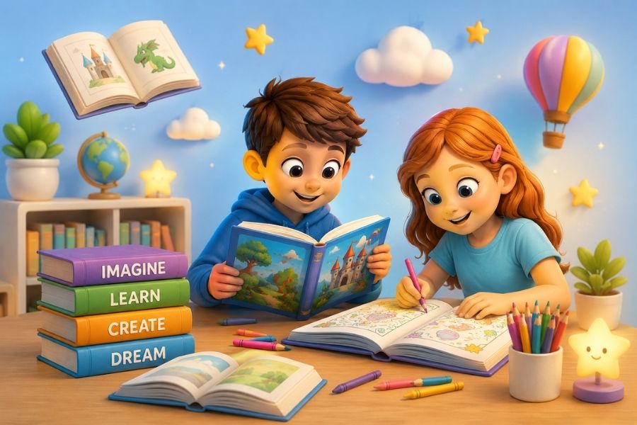 a boy reading a storybook with castle imagery and a girl coloring