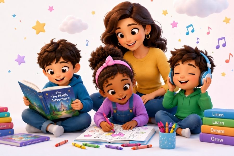 cartoon kids and an adult reading, drawing, and listening to music