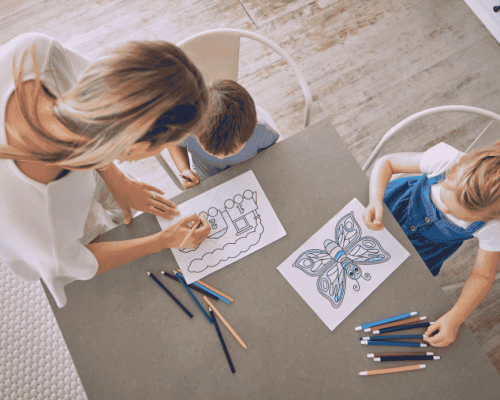 mom and kids coloring